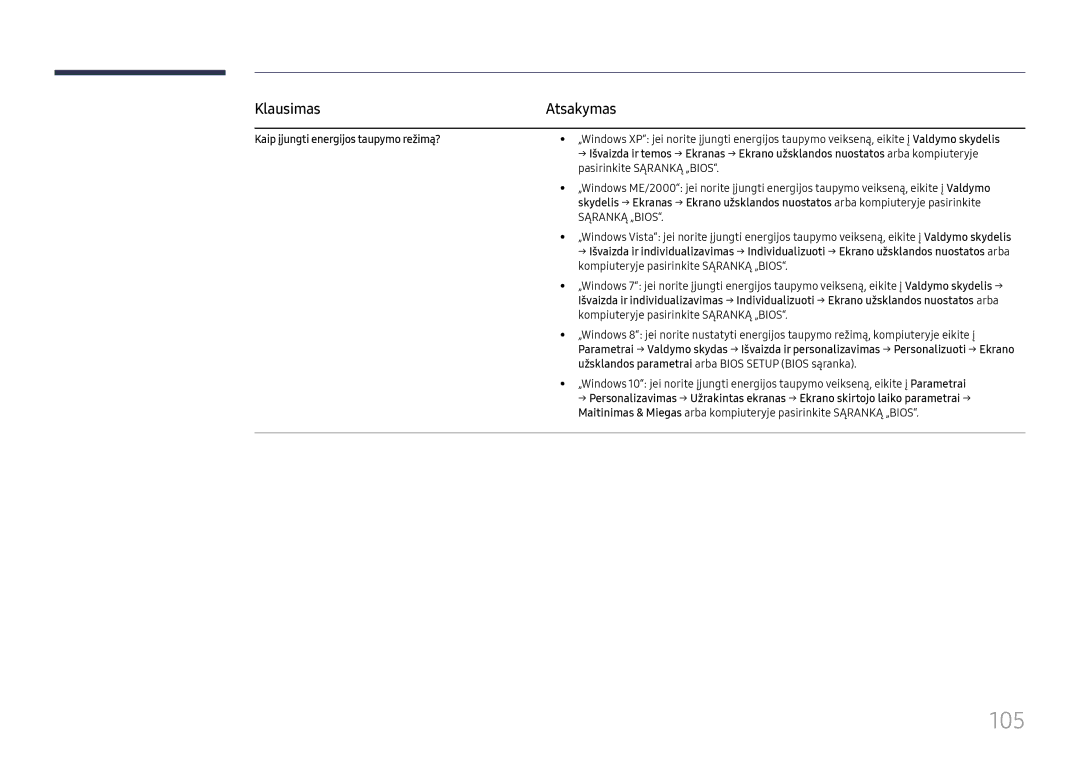 Samsung LH65QMFPLGC/EN, LH55QMFPLGC/EN, LH49QMFPLGC/EN manual Klausimas, Kaip įjungti energijos taupymo režimą? 