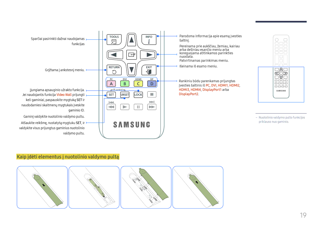 Samsung LH55QMFPLGC/EN, LH65QMFPLGC/EN, LH49QMFPLGC/EN manual Kaip įdėti elementus į nuotolinio valdymo pultą, Funkcijas 