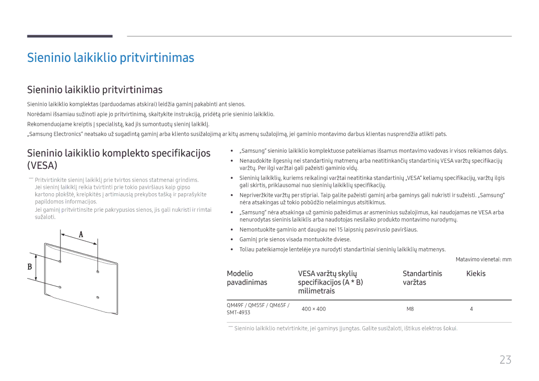 Samsung LH49QMFPLGC/EN, LH65QMFPLGC/EN Sieninio laikiklio pritvirtinimas, Sieninio laikiklio komplekto specifikacijos Vesa 