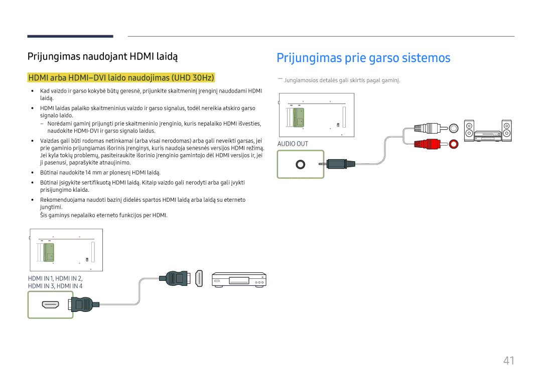 Samsung LH49QMFPLGC/EN, LH65QMFPLGC/EN manual Prijungimas prie garso sistemos, Hdmi arba HDMI-DVI laido naudojimas UHD 30Hz 