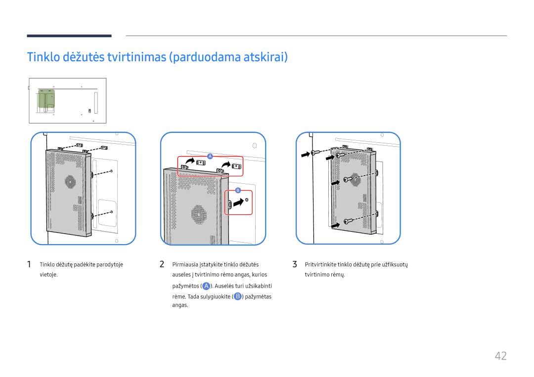 Samsung LH65QMFPLGC/EN, LH55QMFPLGC/EN, LH49QMFPLGC/EN manual Tinklo dėžutės tvirtinimas parduodama atskirai 