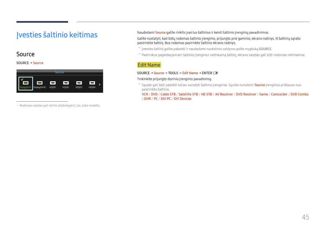 Samsung LH65QMFPLGC/EN, LH55QMFPLGC/EN, LH49QMFPLGC/EN manual Įvesties šaltinio keitimas, Edit Name, Source → Source 
