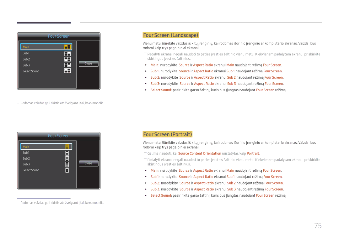 Samsung LH65QMFPLGC/EN, LH55QMFPLGC/EN, LH49QMFPLGC/EN manual Four Screen Landscape, Four Screen Portrait 