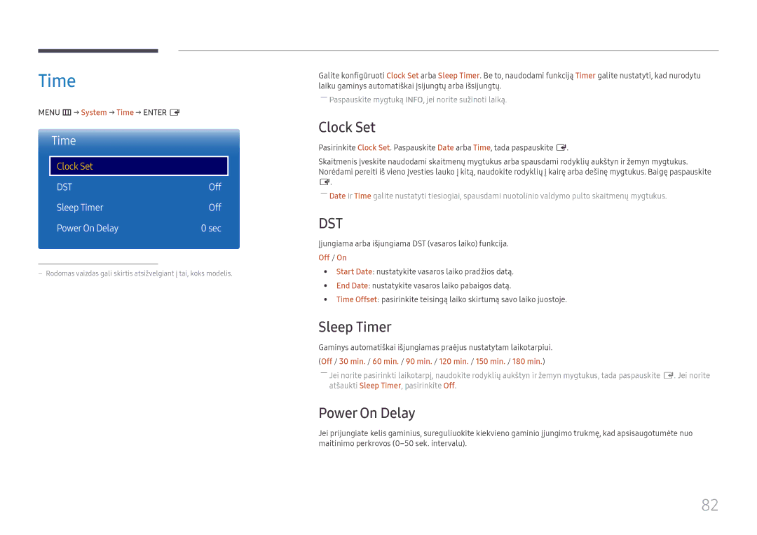 Samsung LH55QMFPLGC/EN, LH65QMFPLGC/EN, LH49QMFPLGC/EN manual Clock Set, Sleep Timer, Power On Delay 