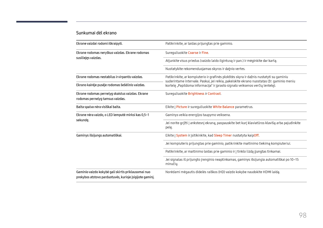 Samsung LH49QMFPLGC/EN manual Ekrane vaizdai rodomi iškraipyti, Ekrane rodomas neryškus vaizdas. Ekrane rodomas, Sekundę 