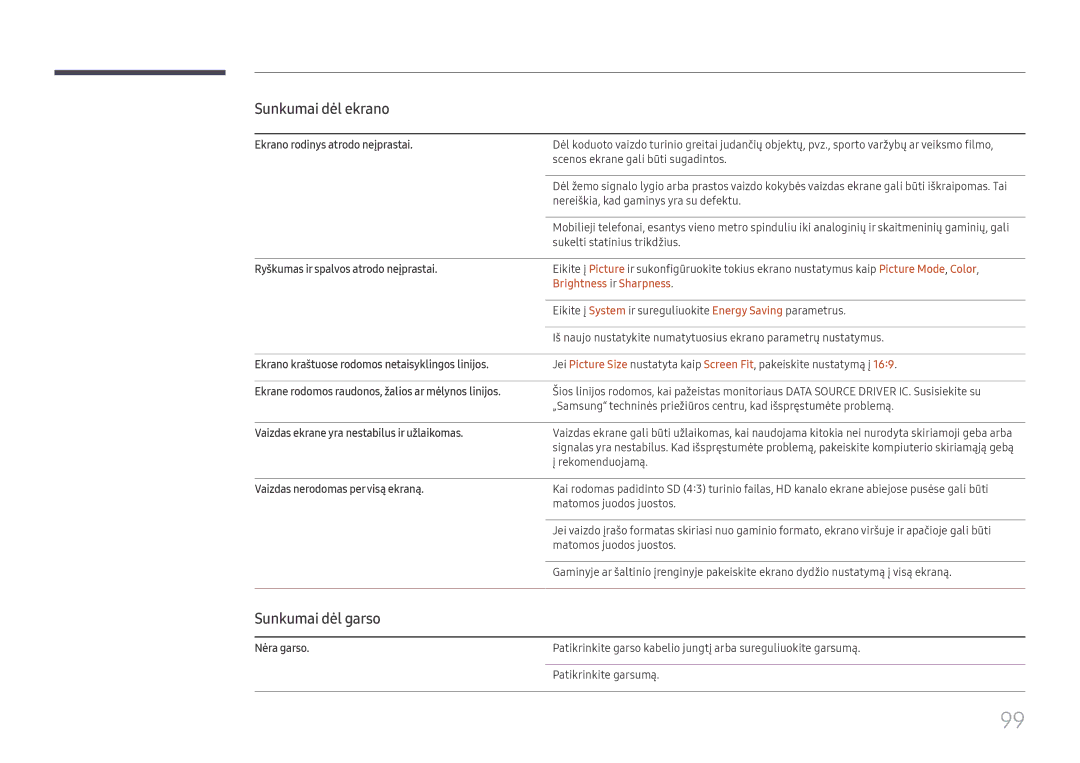 Samsung LH65QMFPLGC/EN, LH55QMFPLGC/EN, LH49QMFPLGC/EN manual Sunkumai dėl garso, Brightness ir Sharpness 