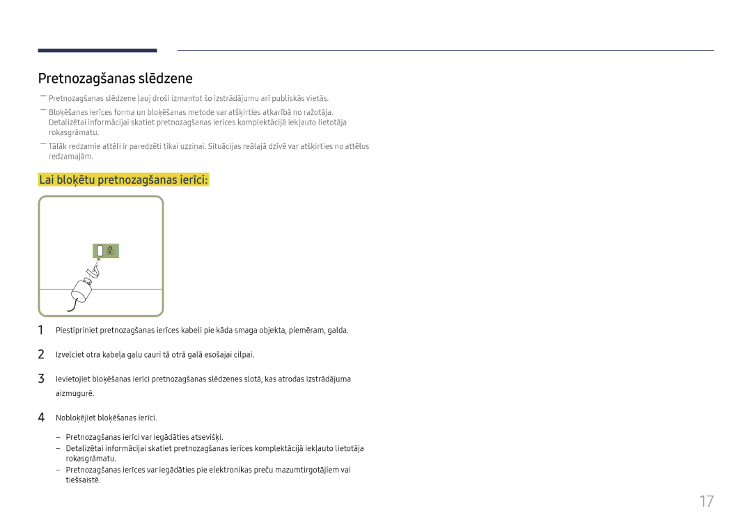 Samsung LH49QMFPLGC/EN, LH65QMFPLGC/EN, LH55QMFPLGC/EN manual Pretnozagšanas slēdzene, Lai bloķētu pretnozagšanas ierīci 