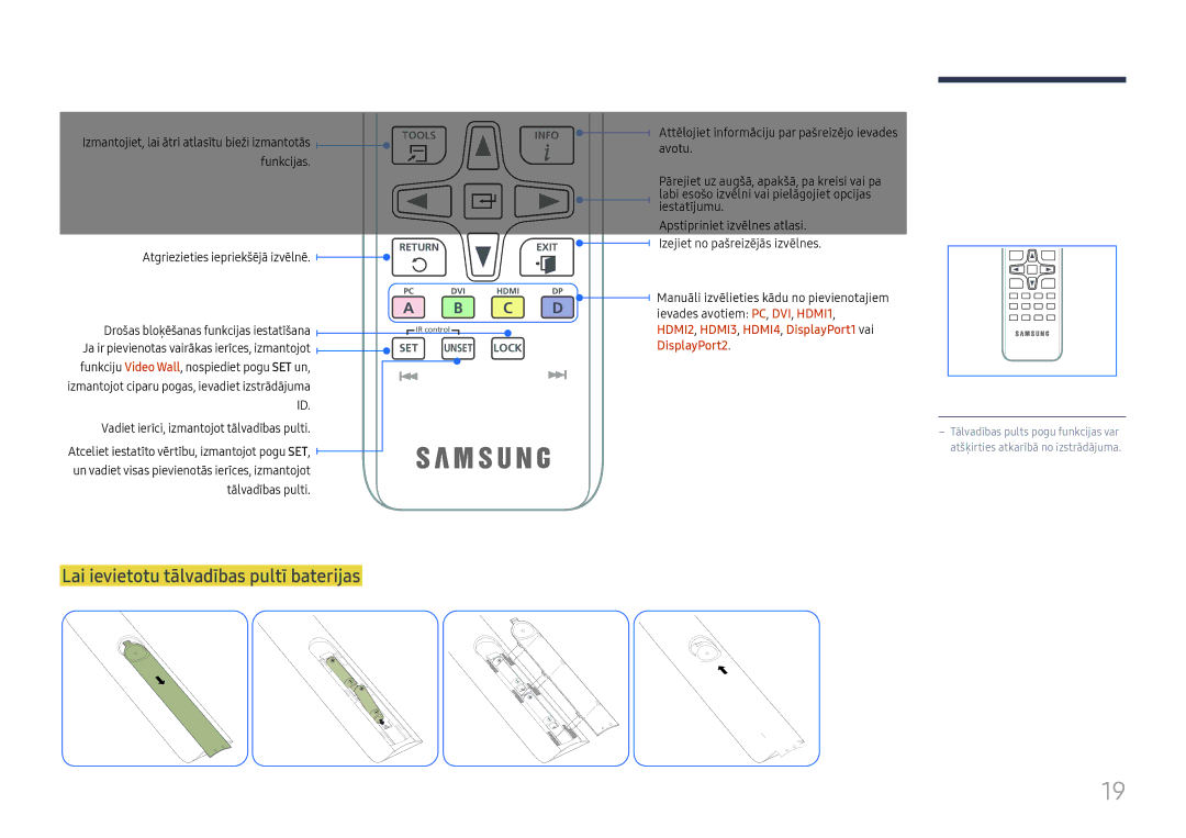 Samsung LH55QMFPLGC/EN, LH65QMFPLGC/EN, LH49QMFPLGC/EN manual Lai ievietotu tālvadības pultī baterijas, Funkcijas 