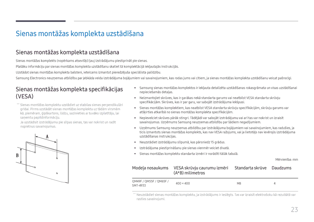 Samsung LH49QMFPLGC/EN manual Sienas montāžas komplekta uzstādīšana, Sienas montāžas komplekta specifikācijas Vesa 