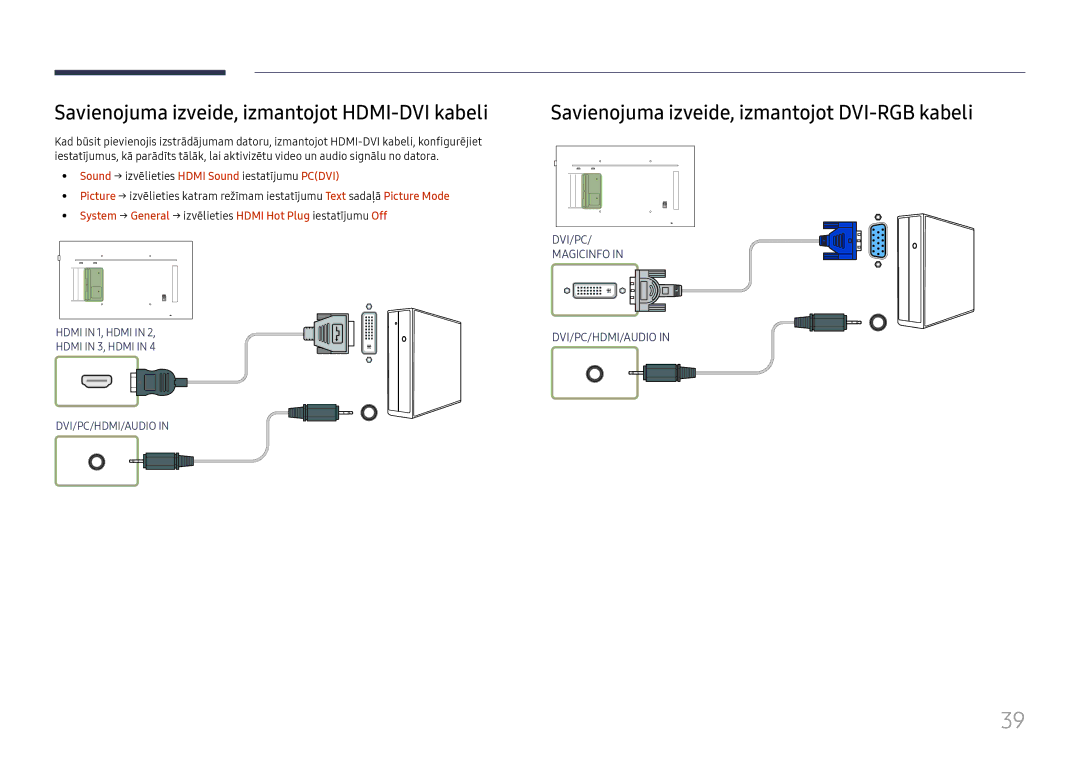 Samsung LH65QMFPLGC/EN Savienojuma izveide, izmantojot HDMI-DVI kabeli, Savienojuma izveide, izmantojot DVI-RGB kabeli 