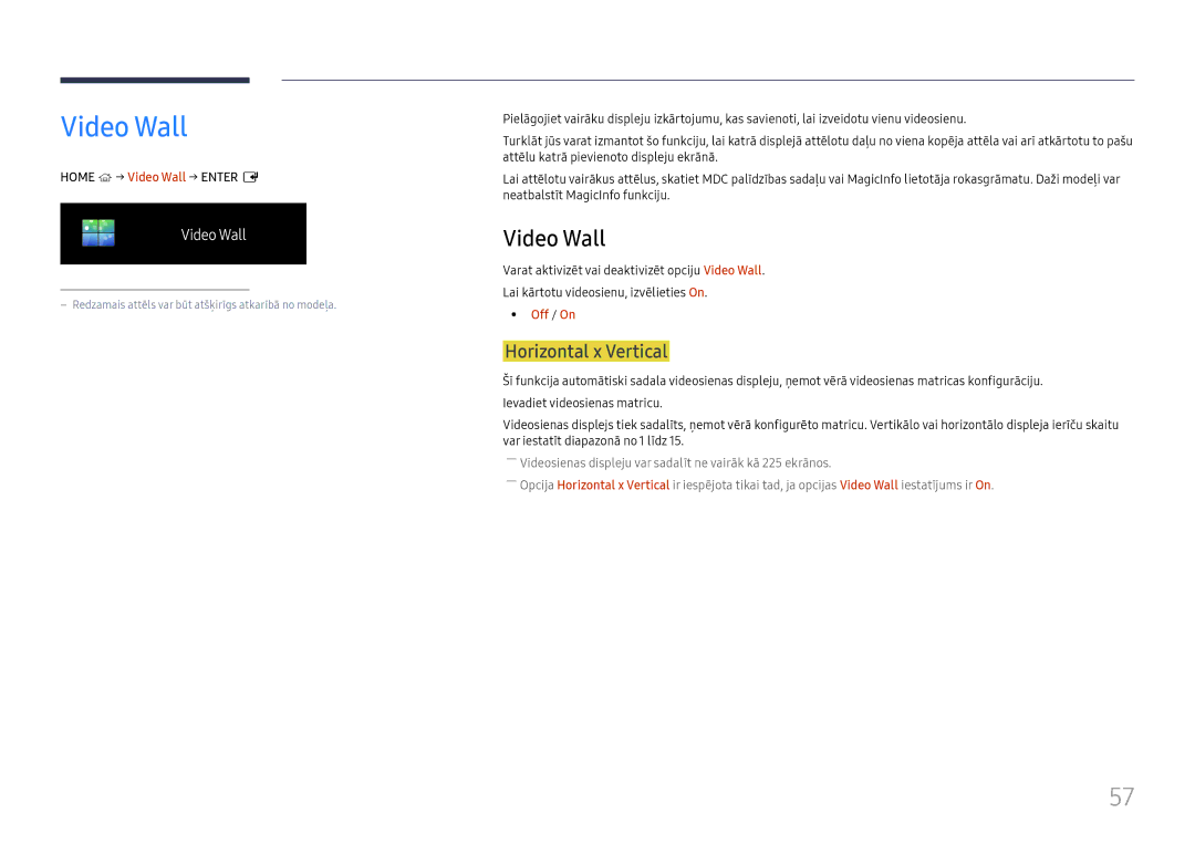 Samsung LH65QMFPLGC/EN, LH55QMFPLGC/EN, LH49QMFPLGC/EN manual Video Wall, Horizontal x Vertical, Off / On 
