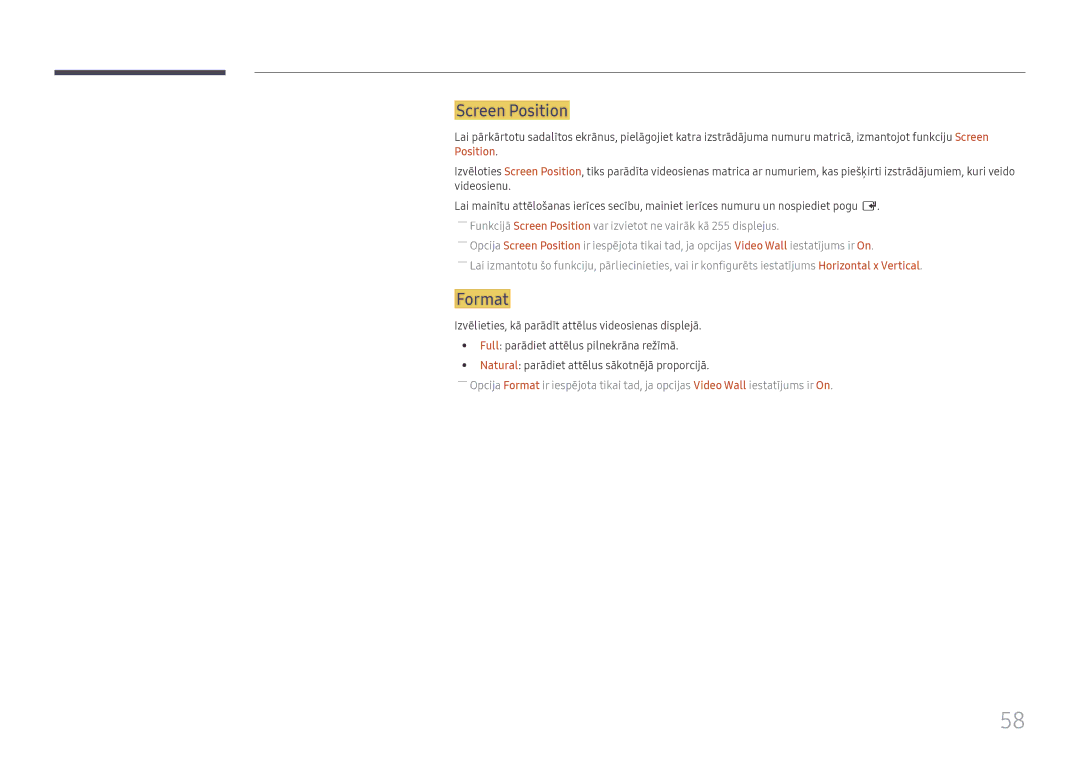 Samsung LH55QMFPLGC/EN, LH65QMFPLGC/EN, LH49QMFPLGC/EN manual Screen Position, Format 