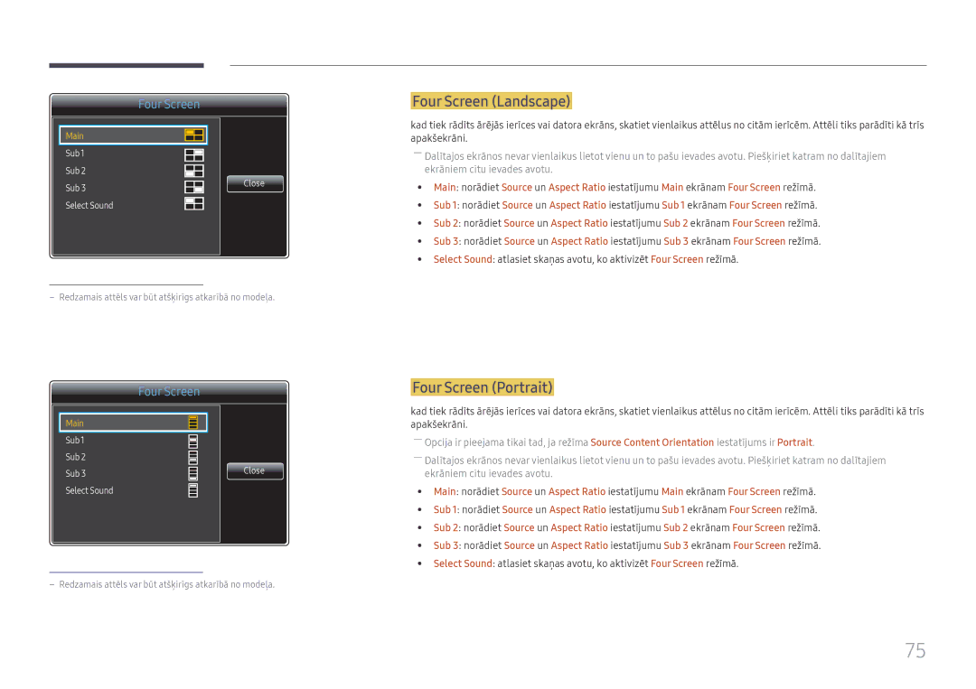 Samsung LH65QMFPLGC/EN, LH55QMFPLGC/EN, LH49QMFPLGC/EN manual Four Screen Landscape, Four Screen Portrait 