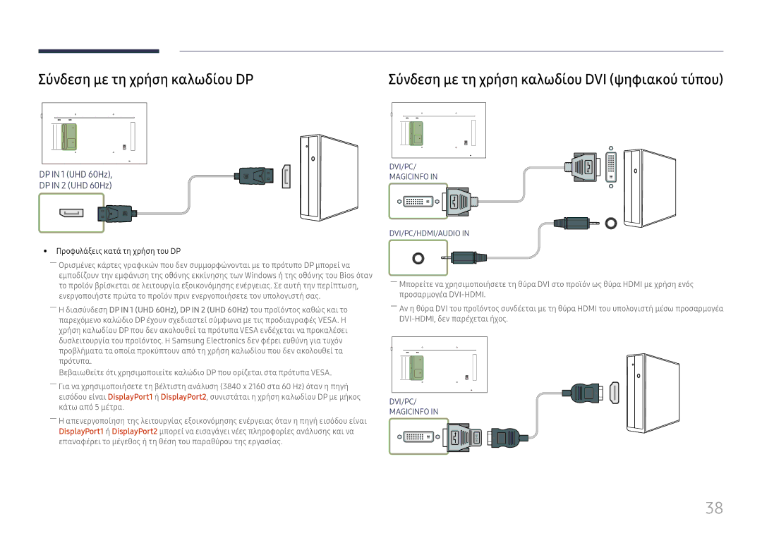 Samsung LH49QMFPLGC/EN, LH65QMFPLGC/EN Σύνδεση με τη χρήση καλωδίου DP, Σύνδεση με τη χρήση καλωδίου DVI ψηφιακού τύπου 