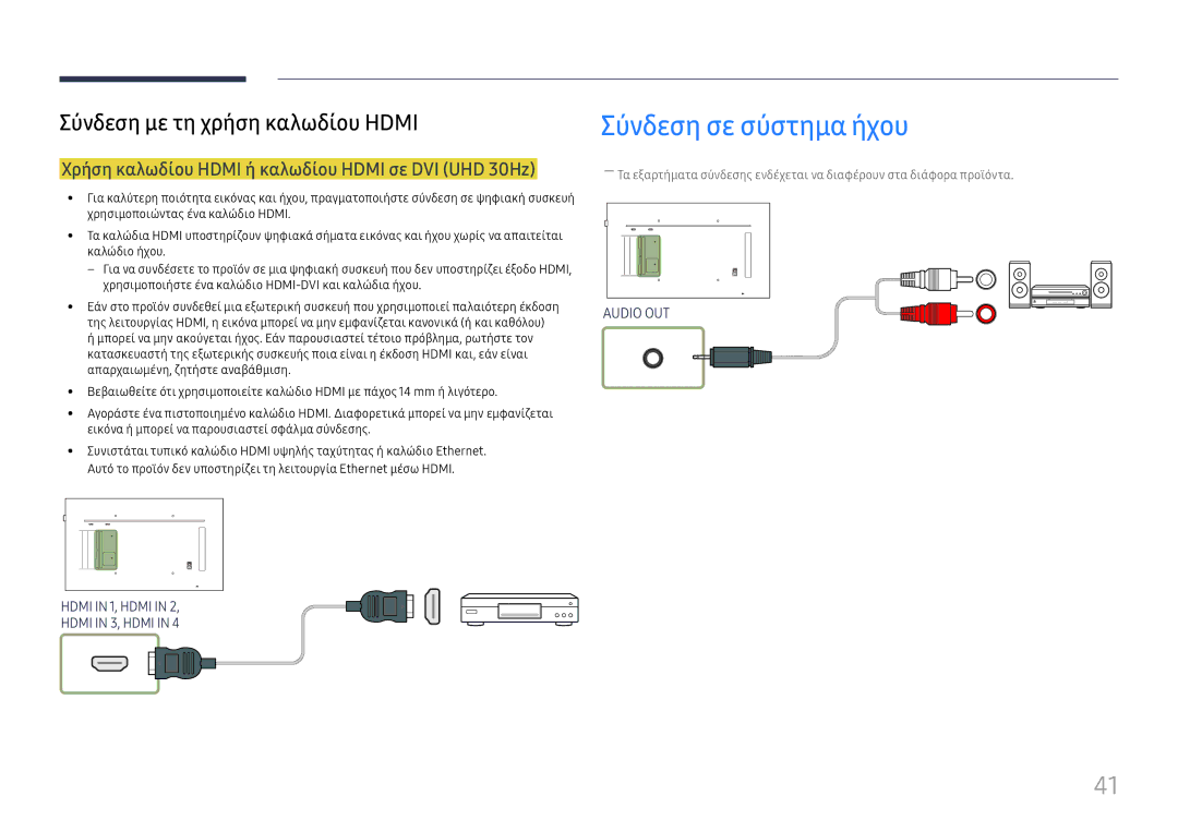 Samsung LH49QMFPLGC/EN, LH65QMFPLGC/EN manual Σύνδεση σε σύστημα ήχου, Χρήση καλωδίου Hdmi ή καλωδίου Hdmi σε DVI UHD 30Hz 