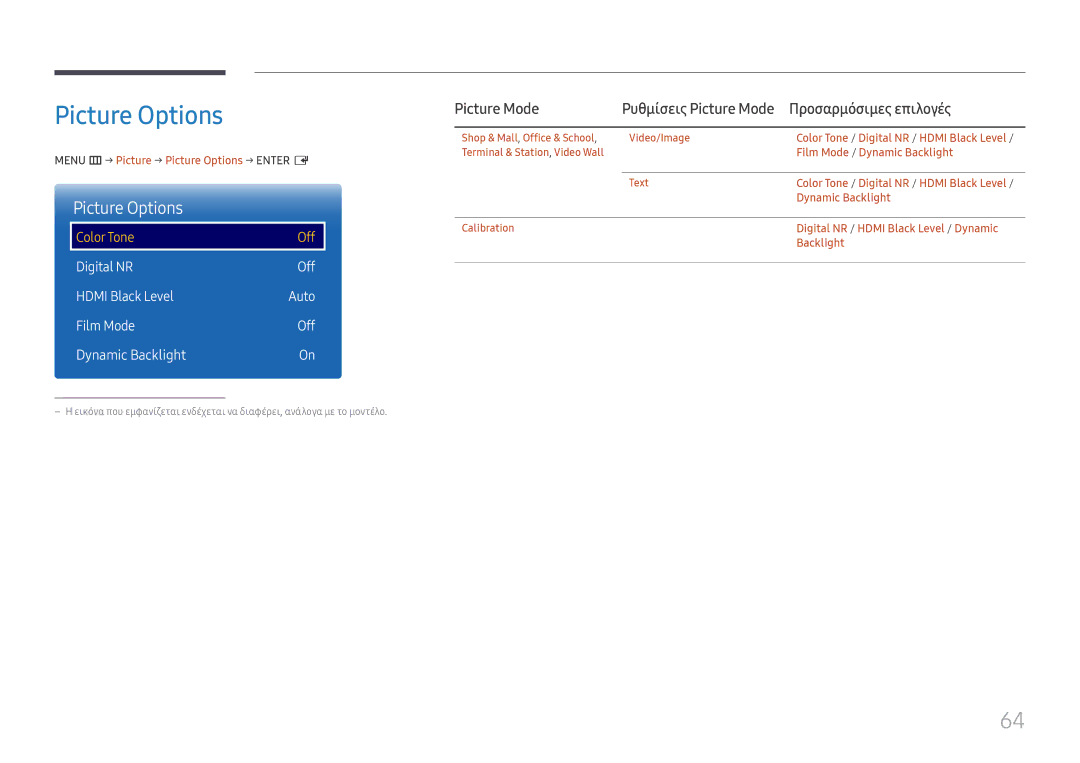 Samsung LH55QMFPLGC/EN Picture Options, Picture Mode, Digital NR Off Hdmi Black Level, Film Mode Off Dynamic Backlight 