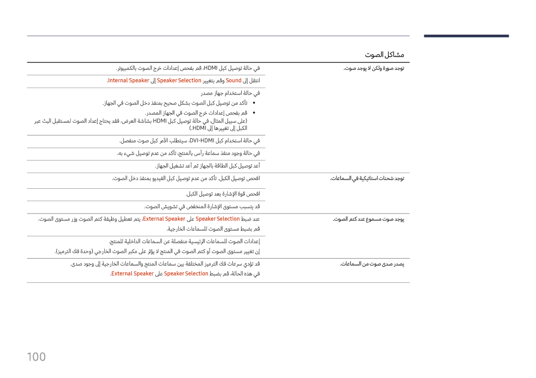 Samsung LH98QMFPLGC/NG 100, توص دجوي لا نكلو ةروص دجوت, تاعامسلا يف ةيكيتاتسا تانحش دجوت, توصلا متك دنع عومسم توص دجوي 