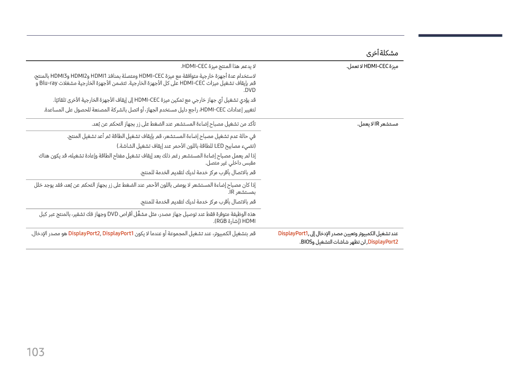 Samsung LH98QMFPLGC/NG manual 103, لمعت لا Hdmi-Cec‎ةزيم, لمعي لا Ir رعشتسم, BIOSو ليغشتلا تاشاش رهظت نل ,DisplayPort2 