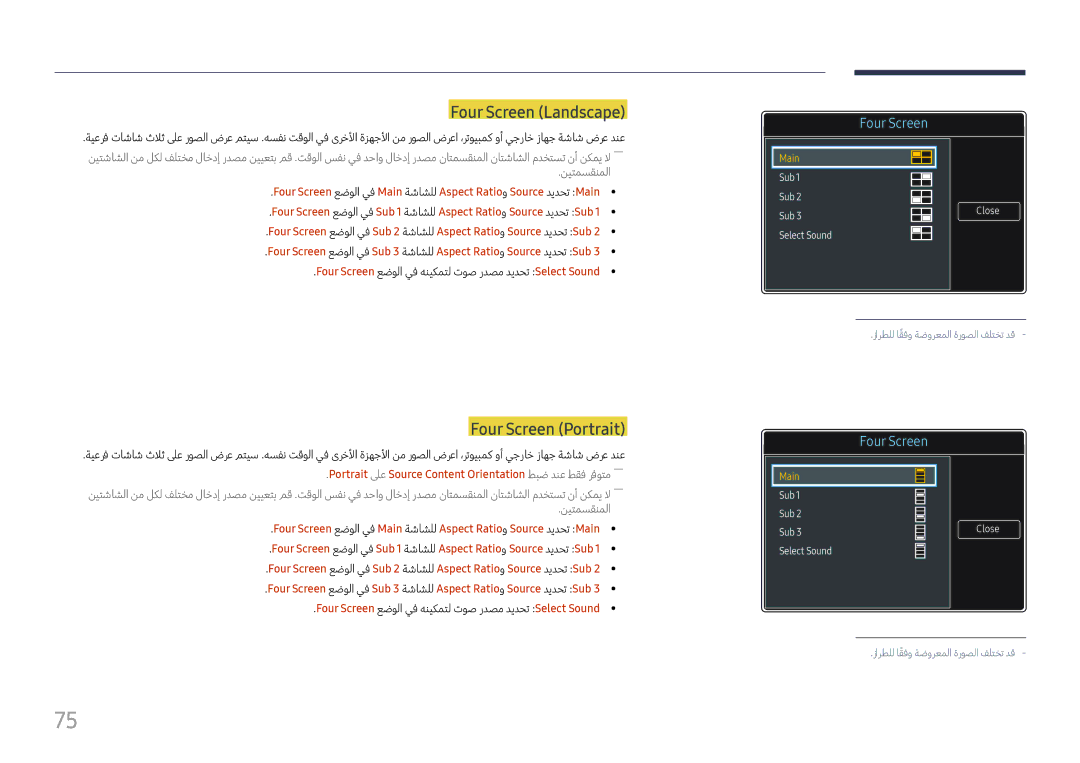 Samsung LH65QMFPLGC/NG, LH98QMFPLGC/NG, LH98QMFPBGC/UE manual Four Screen \Landscape, Four Screen \Portrait 