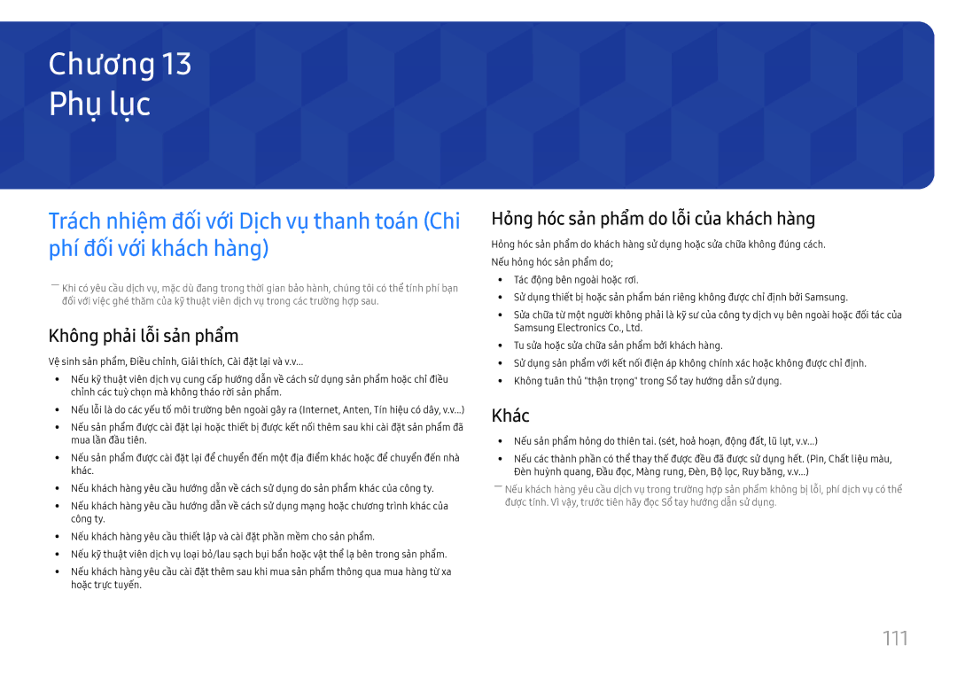 Samsung LH65QMFPLGC/XV manual Phu luc, 111, Không phải lỗi sản phâm, Hỏng hoc sản phâm do lỗi của khach hàng, Khac 