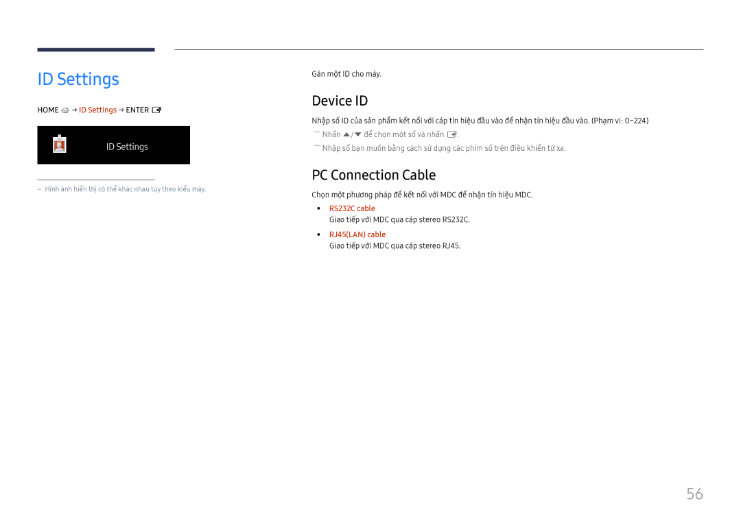 Samsung LH98QMFPLGC/XV, LH65QMFPLGC/XV, LH98QMFPBGC/XV manual ID Settings, Device ID, PC Connection Cable 