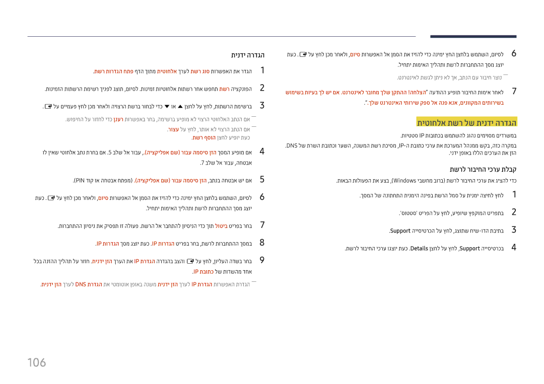 Samsung LH75QBHPLGC/CH, LH65QMHPLGC/CH manual 106, תיטוחלא תשר לש תינדי הרדגה, ליחתי תומיאה ךילהתו תשרל תורבחתהה ךסמ גצוי 