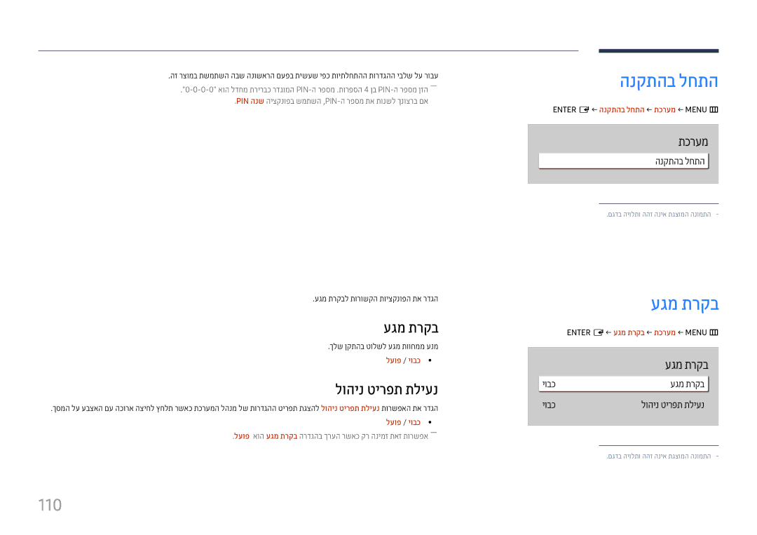 Samsung LH49QMHPLGC/CH, LH65QMHPLGC/CH, LH75QBHPLGC/CH, LH43DBJPLGC/CH manual הנקתהב לחתה, עגמ תרקב, 110, לוהינ טירפת תליענ 