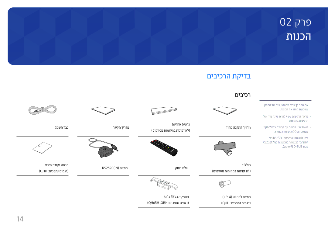 Samsung LH65QMHPLGC/CH, LH75QBHPLGC/CH, LH43DBJPLGC/CH, LH55QMHPLGC/CH, LH49DBJPLGC/CH תונכה, םיביכרה תקידב, ריהמ הנקתה ךירדמ 