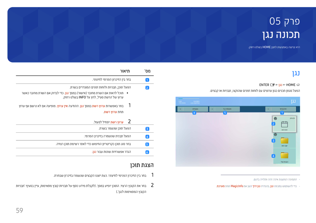 Samsung LH55QMHPLGC/CH, LH65QMHPLGC/CH, LH75QBHPLGC/CH, LH43DBJPLGC/CH manual ןגנ הנוכת, ןכות תגצה, רואית, תשר ץורע תחת 