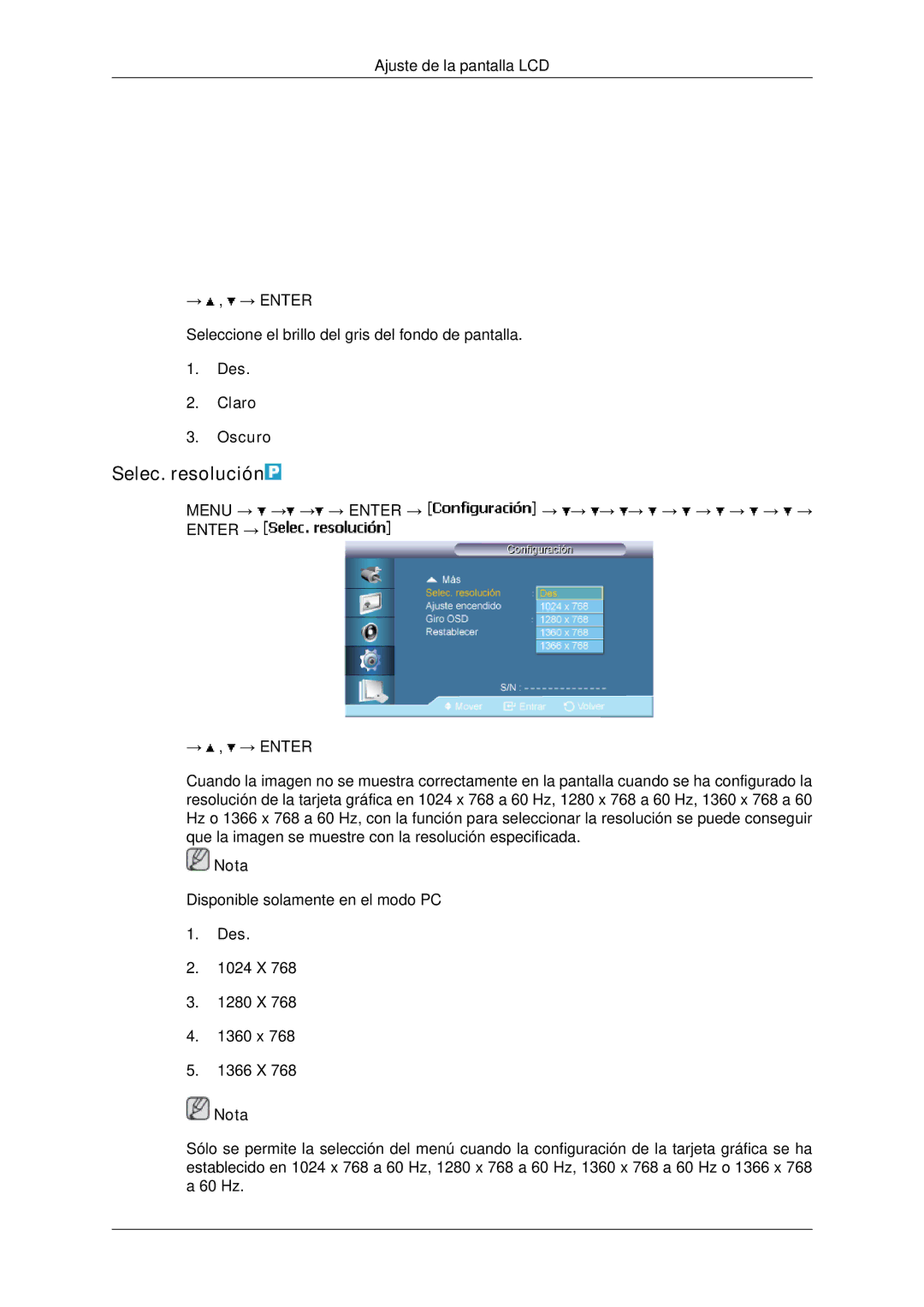 Samsung LH650TS-NB, LH65TCPMBC/EN manual Selec. resolución, Des Claro Oscuro, Des 1024 X 1280 X 1360 x 1366 X Nota 