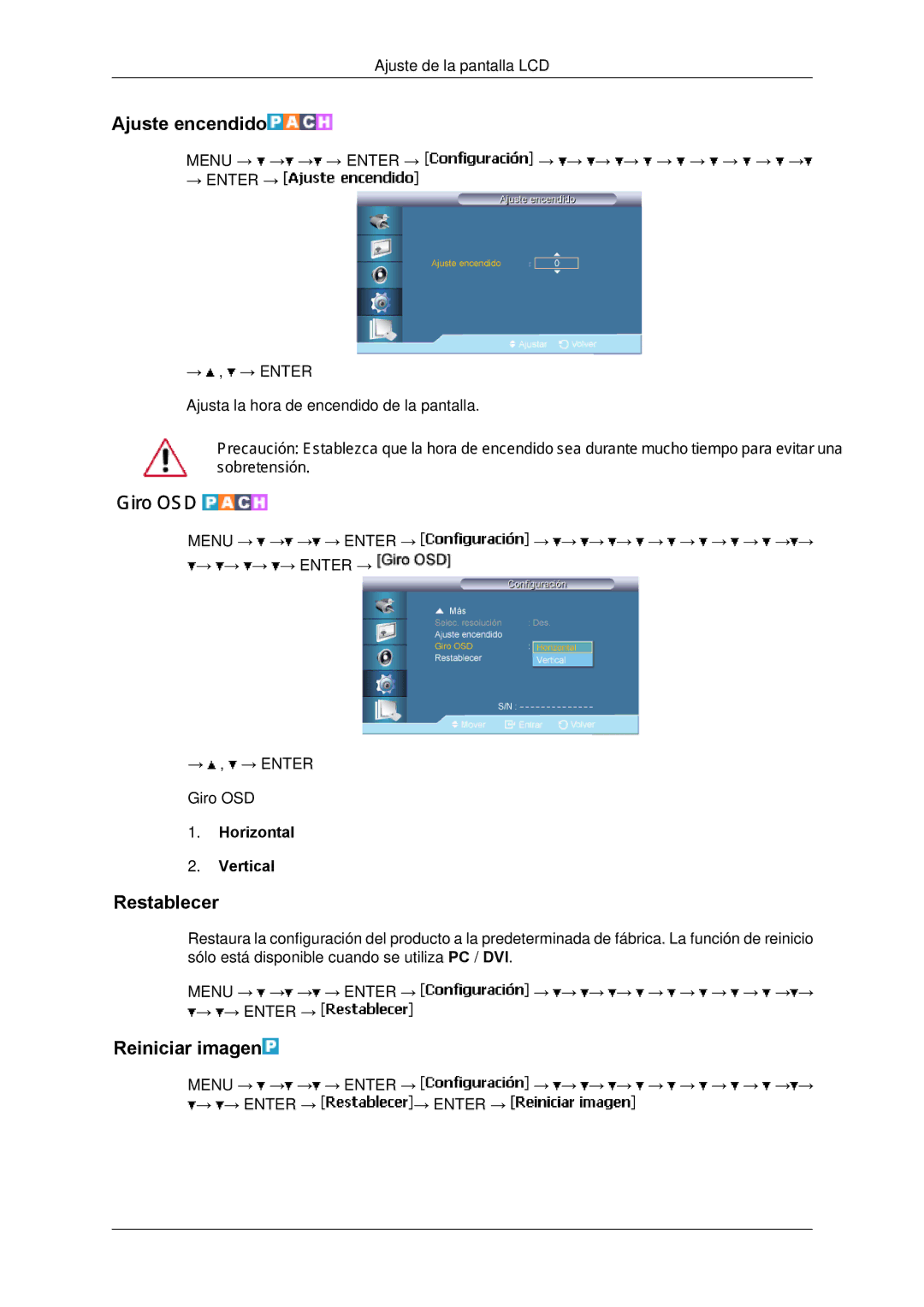 Samsung LH65TCPMBC/EN, LH650TS-NB manual Ajuste encendido, Giro OSD, Restablecer, Reiniciar imagen, Horizontal Vertical 