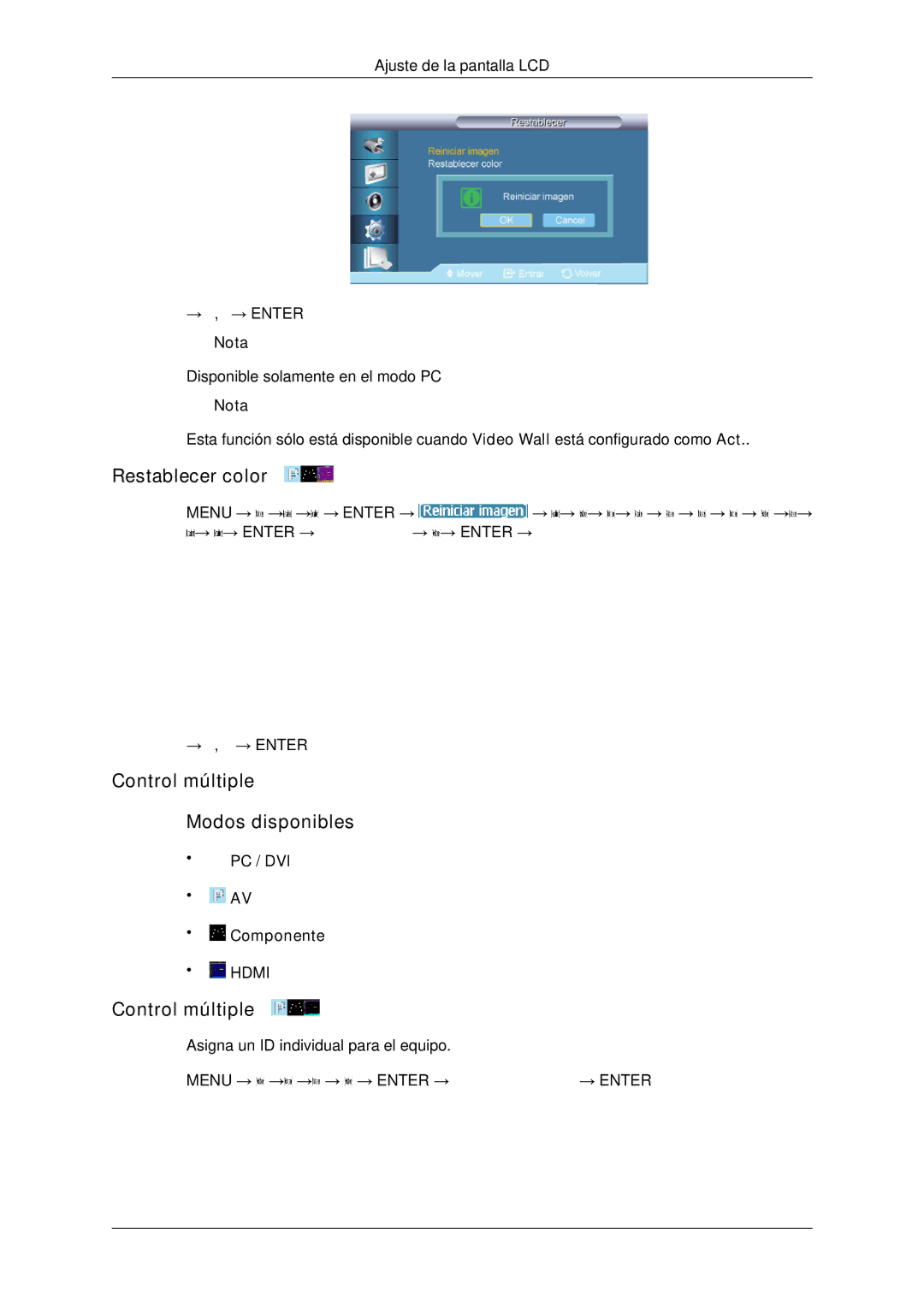 Samsung LH650TS-NB, LH65TCPMBC/EN manual Restablecer color, Control múltiple Modos disponibles 