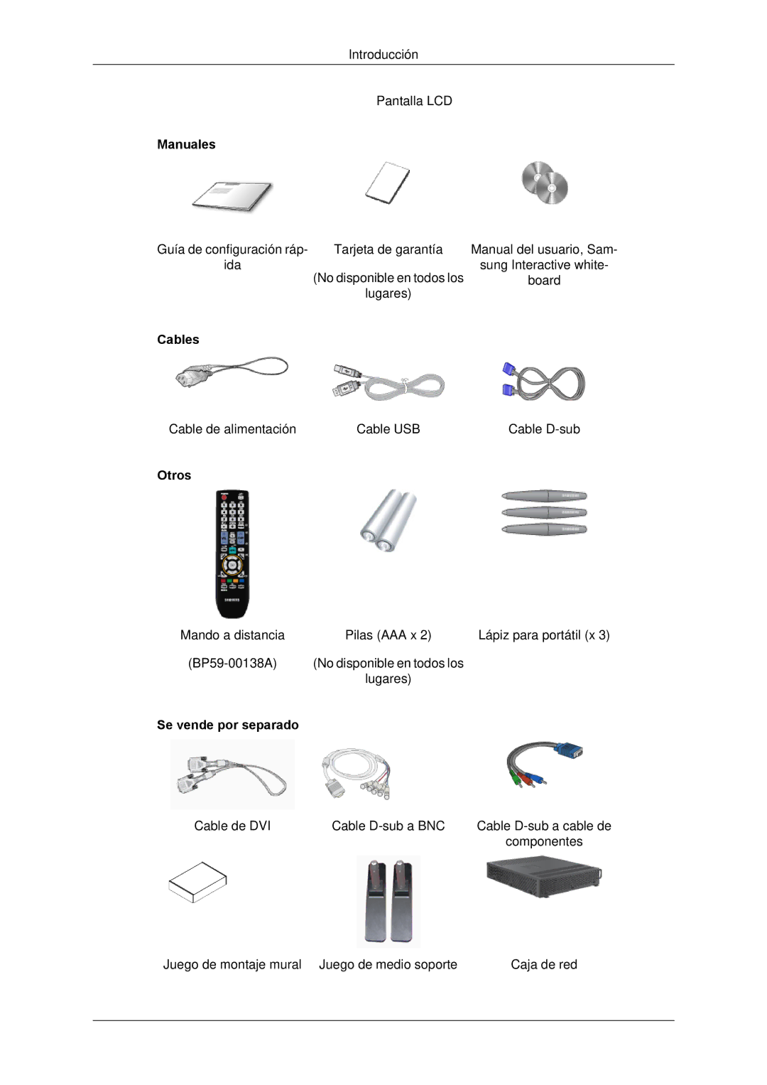 Samsung LH650TS-NB, LH65TCPMBC/EN manual Manuales, Cables, Otros, Se vende por separado 