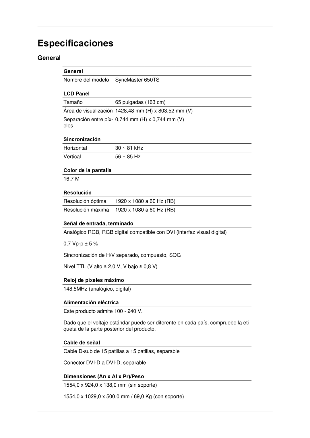 Samsung LH650TS-NB, LH65TCPMBC/EN manual General 