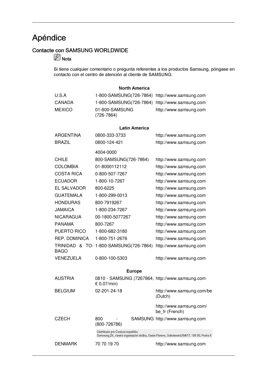 Samsung LH65TCPMBC/EN, LH650TS-NB manual Contacte con Samsung Worldwide, North America, Latin America, Europe 