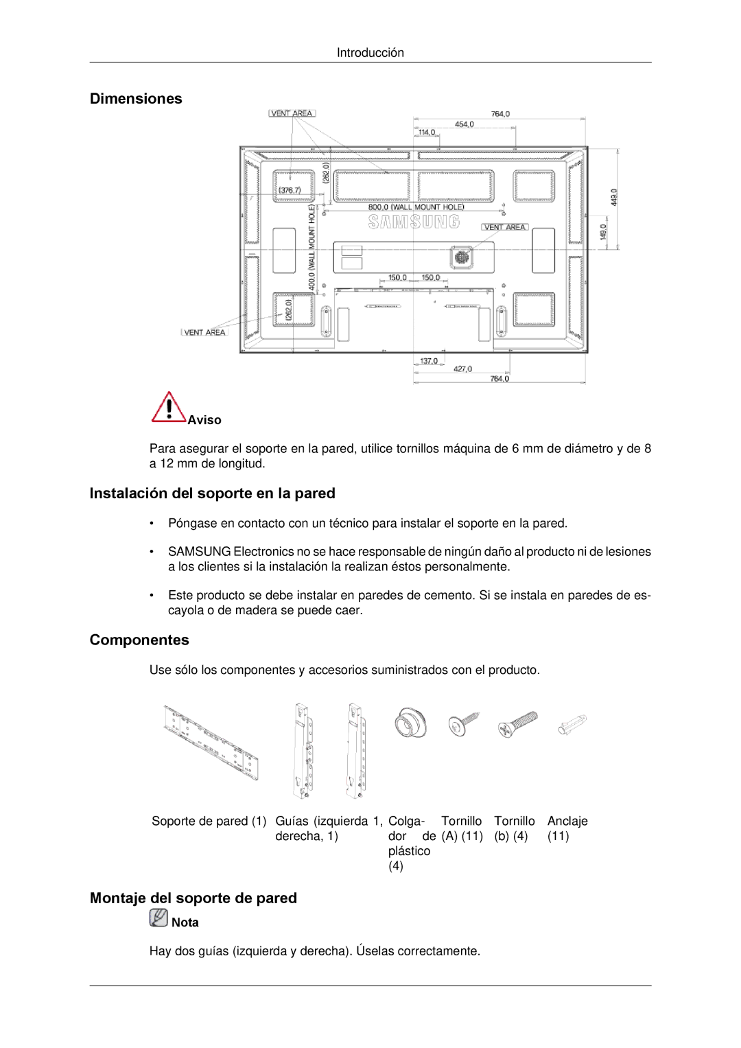 Samsung LH650TS-NB Dimensiones, Instalación del soporte en la pared, Componentes, Montaje del soporte de pared, Aviso 