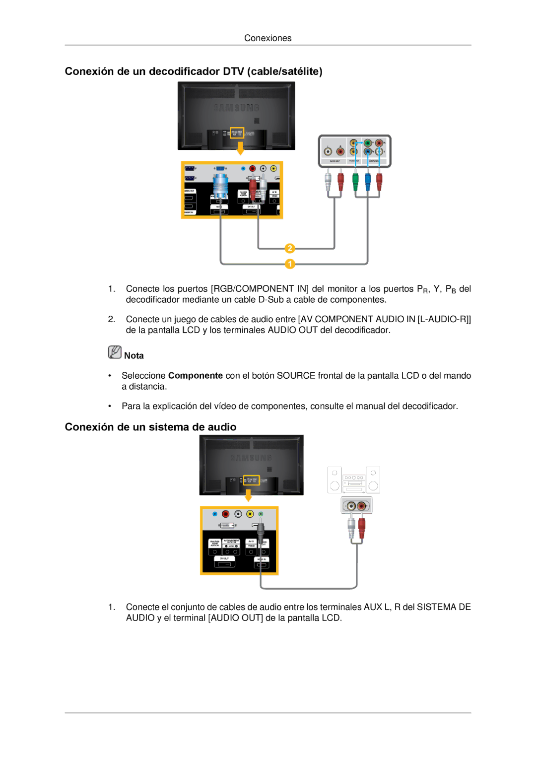 Samsung LH65TCPMBC/EN, LH650TS-NB manual Conexión de un decodificador DTV cable/satélite, Conexión de un sistema de audio 