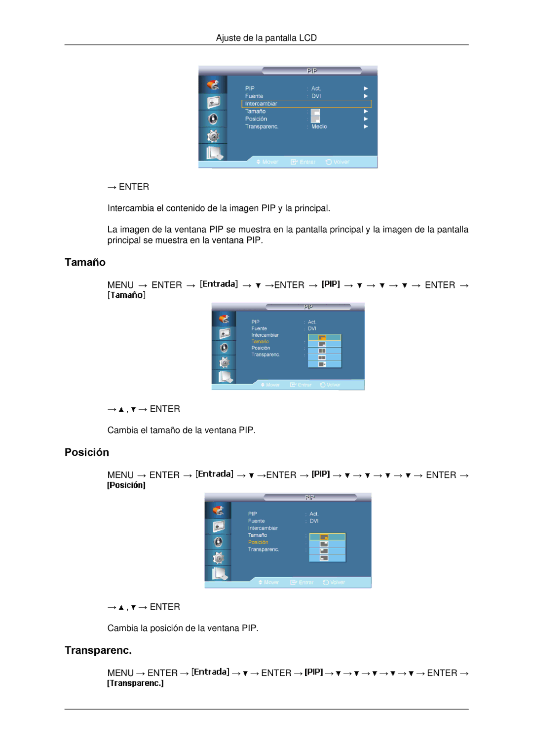 Samsung LH65TCPMBC/EN, LH650TS-NB manual Tamaño, Posición, Transparenc 