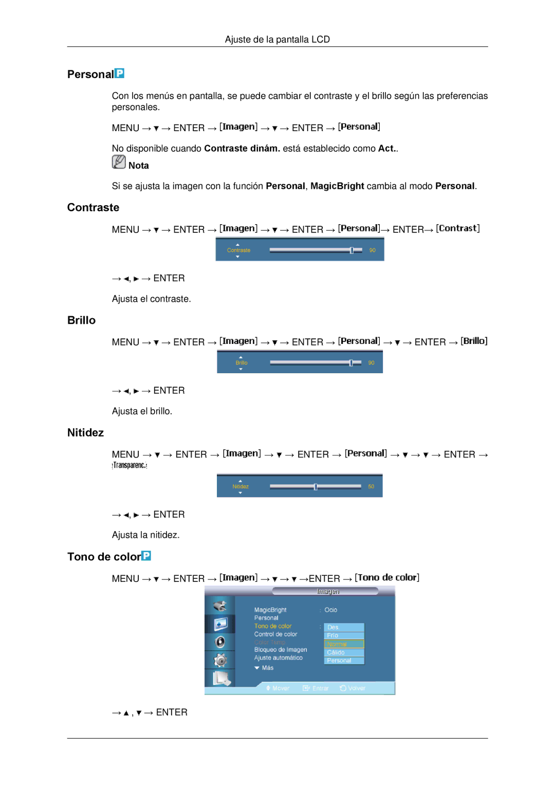 Samsung LH650TS-NB, LH65TCPMBC/EN manual Personal, Contraste, Brillo, Nitidez, Tono de color 