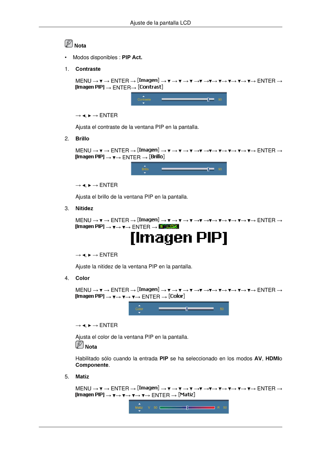 Samsung LH650TS-NB, LH65TCPMBC/EN manual Contraste, Brillo, Nitidez, Color, Matiz 