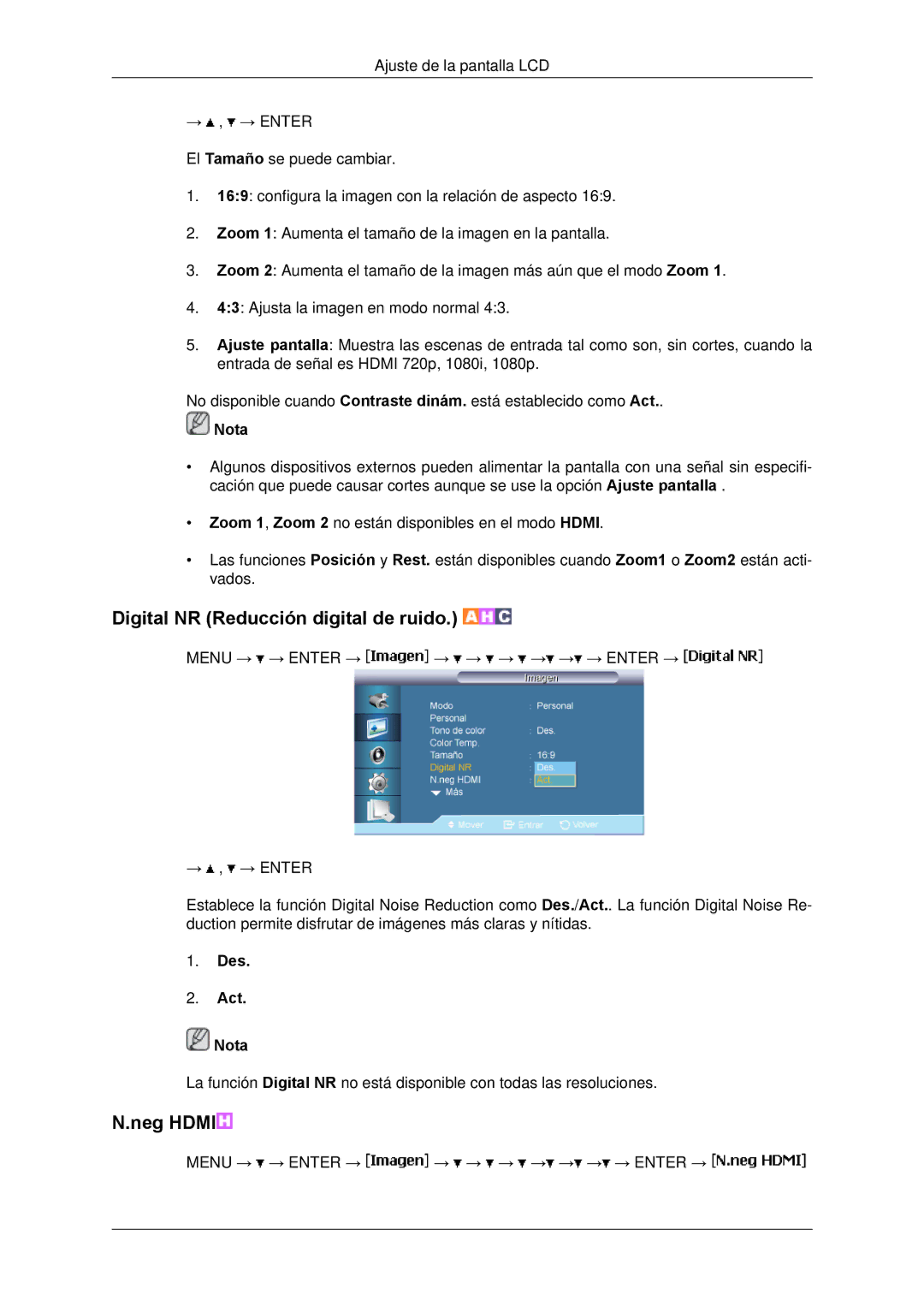 Samsung LH65TCPMBC/EN, LH650TS-NB manual Digital NR Reducción digital de ruido, Des Act Nota 