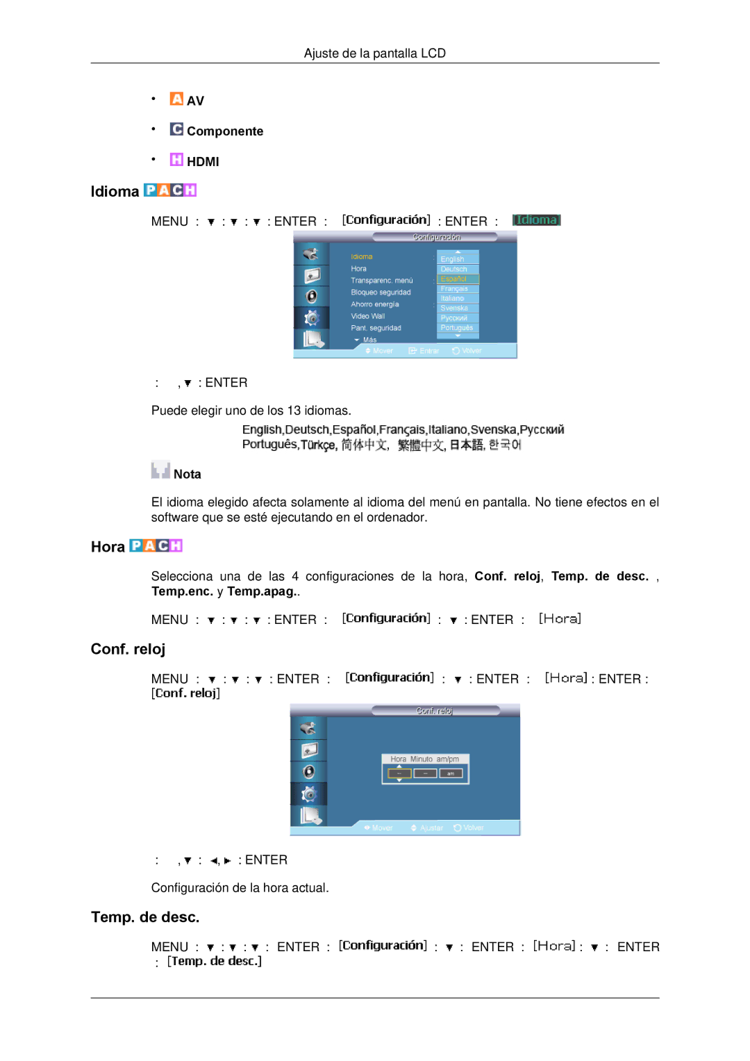 Samsung LH650TS-NB, LH65TCPMBC/EN manual Idioma, Hora, Conf. reloj, Temp. de desc 