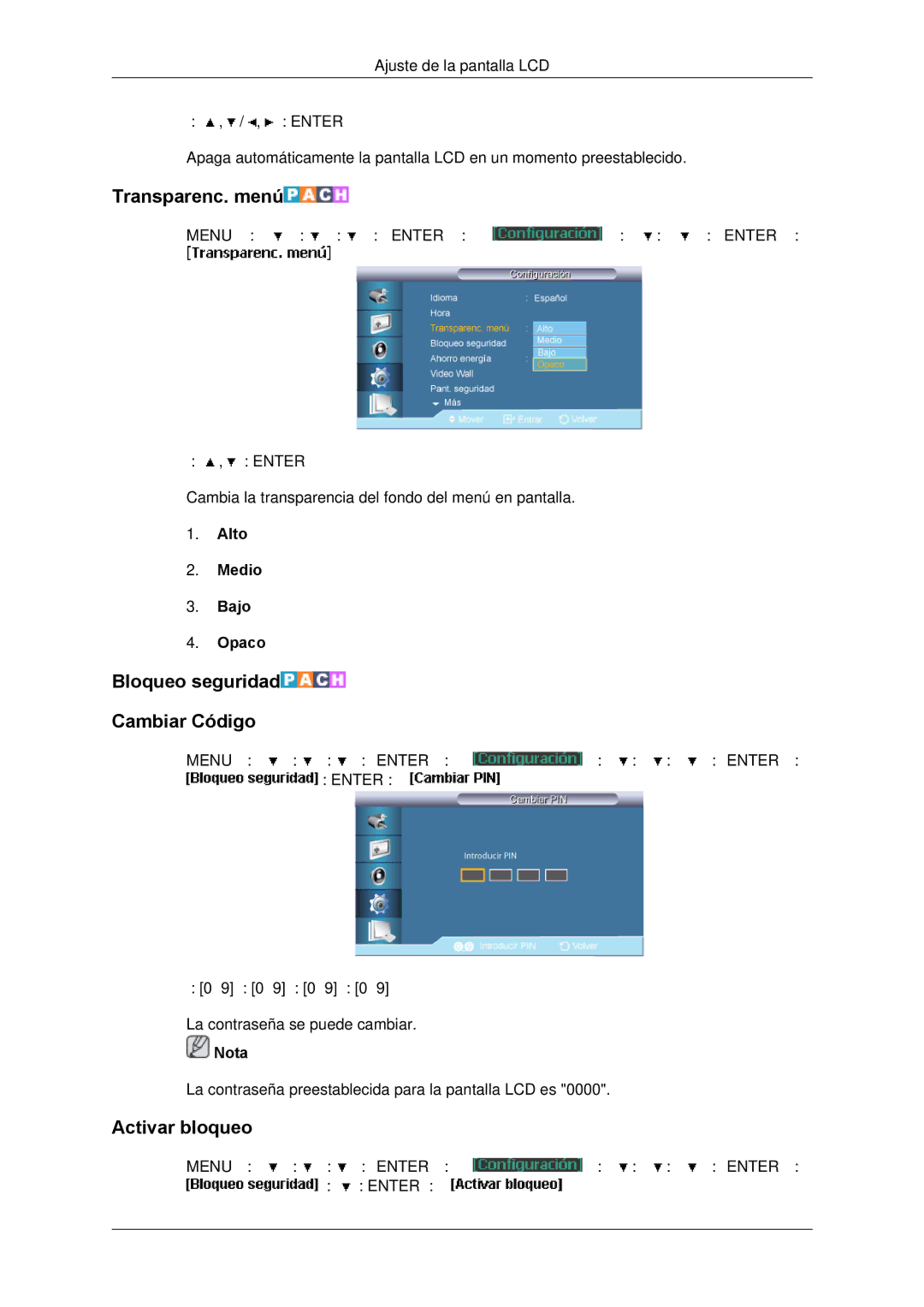 Samsung LH650TS-NB manual Transparenc. menú, Bloqueo seguridad Cambiar Código, Activar bloqueo, Alto Medio Bajo Opaco 