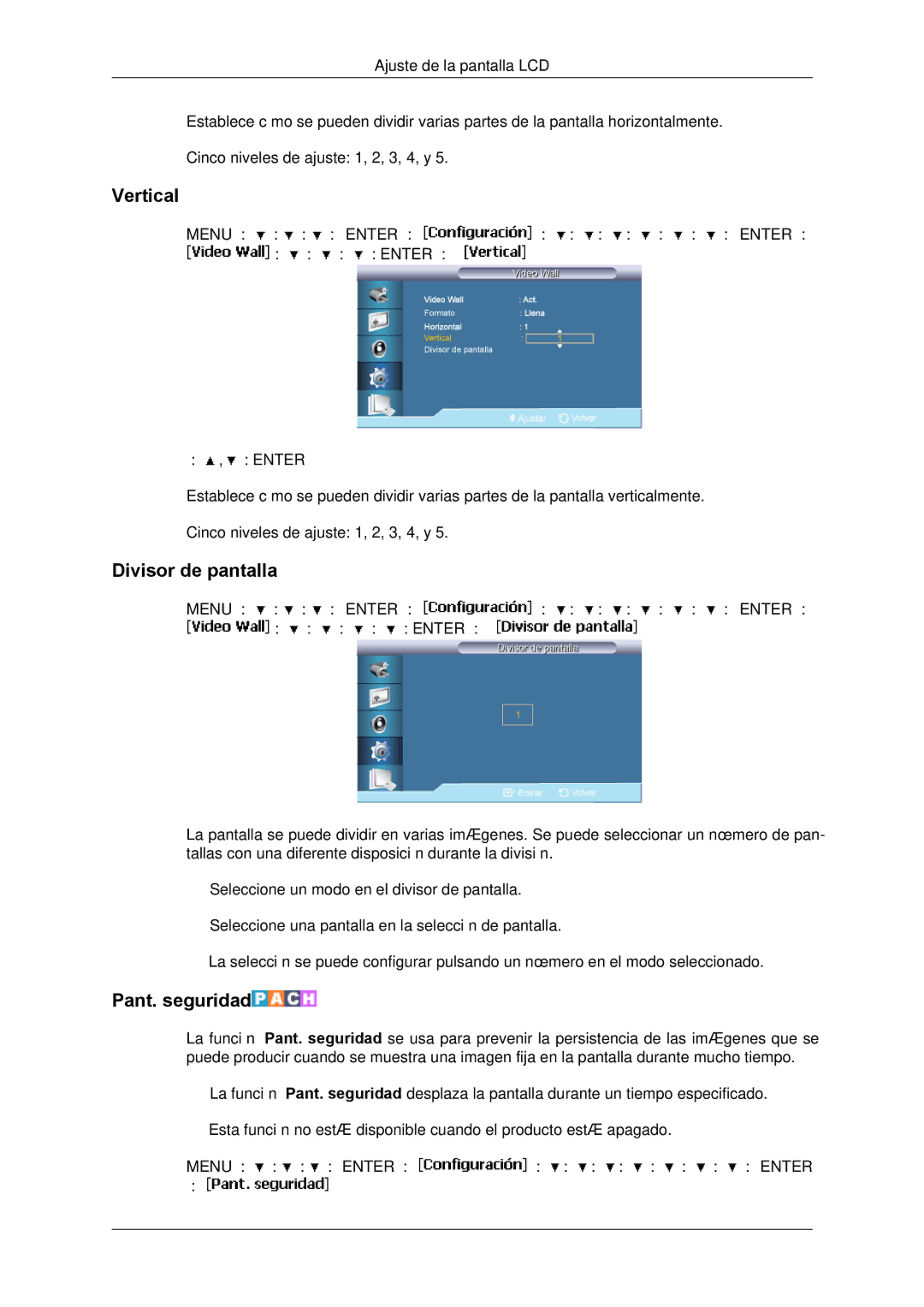 Samsung LH65TCPMBC/EN, LH650TS-NB manual Vertical, Divisor de pantalla, Pant. seguridad 