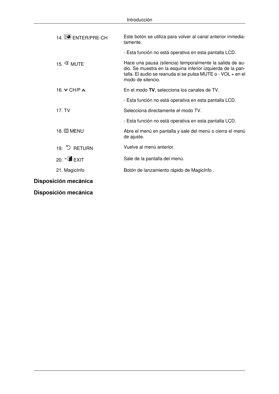 Samsung LH650TS-NB, LH65TCPMBC/EN manual Disposición mecánica 