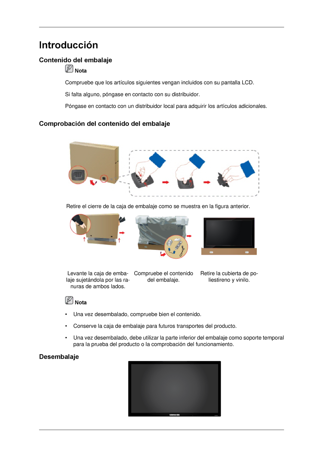 Samsung LH65TCPMBC/EN, LH650TS-NB manual Contenido del embalaje, Comprobación del contenido del embalaje, Desembalaje 