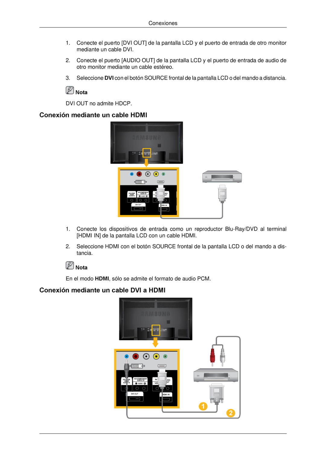 Samsung LH65TCPMBC/EN, LH650TS-NB manual Conexión mediante un cable Hdmi, Conexión mediante un cable DVI a Hdmi 