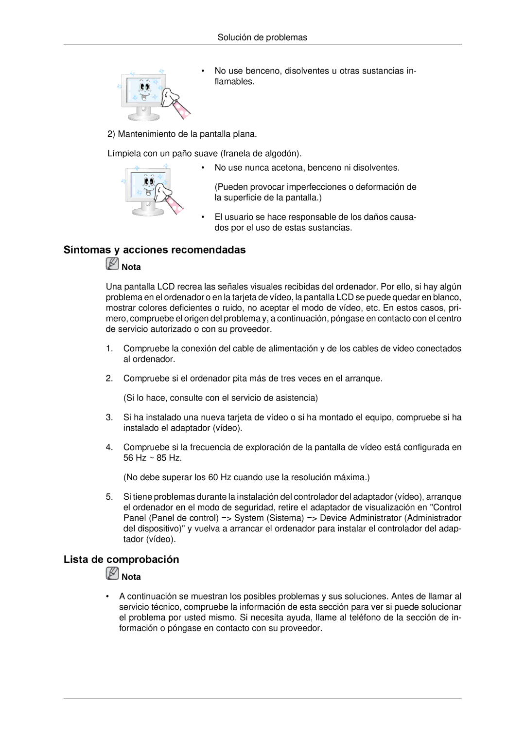 Samsung LH650TS-NB, LH65TCPMBC/EN manual Síntomas y acciones recomendadas, Lista de comprobación 