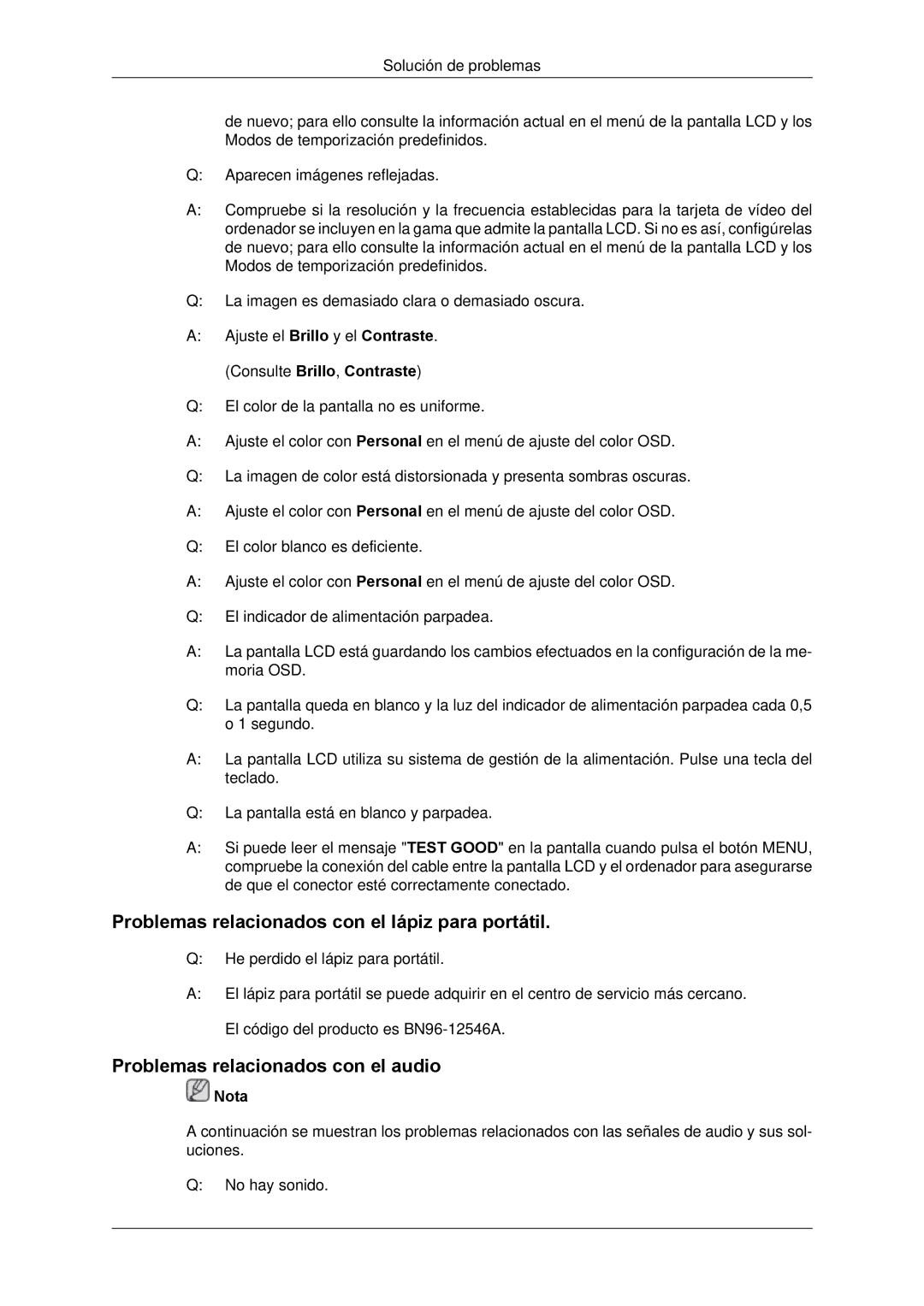 Samsung LH650TS-NB, LH65TCPMBC/EN Problemas relacionados con el lápiz para portátil, Problemas relacionados con el audio 