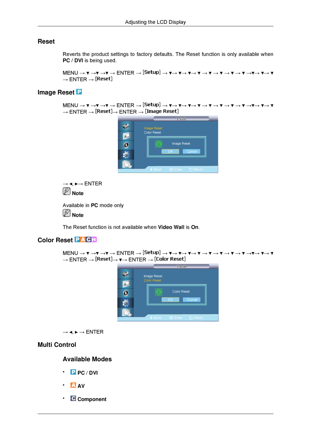 Samsung LH65TCPMBC/EN, LH65TCPMBC/XJ, LH650TS-NB, LH65TCPMBC/ZA Image Reset, Color Reset, Multi Control Available Modes 